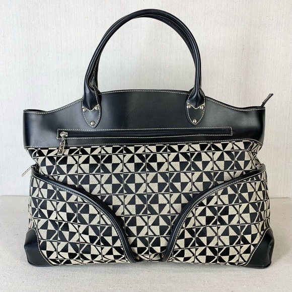 Maxx New‎ York Black Faux Leather and Geometric Print Fabric Travel/Tote Bag - Picture 2 of 13